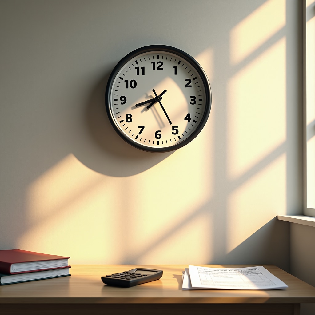 Clock showing afternoon time with workshop materials on table