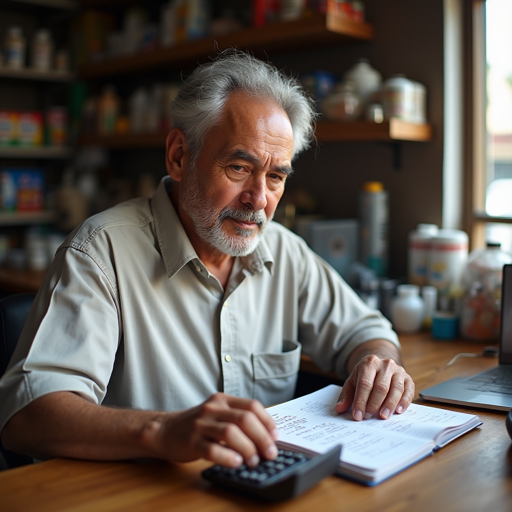 Person using calculator with notebook and product inventory