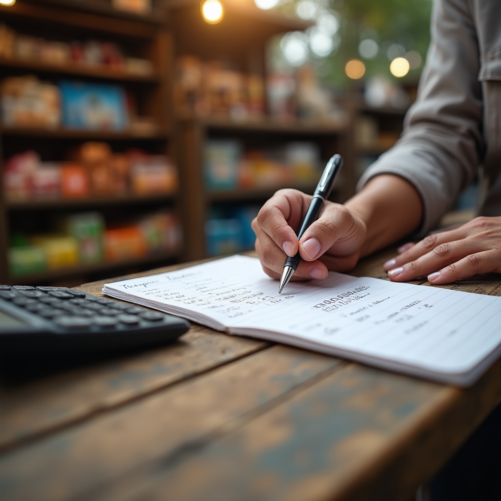 Small business owner writing in notebook at market stall
