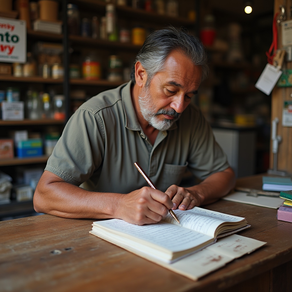 Business owner confidently maintaining daily records at their shop