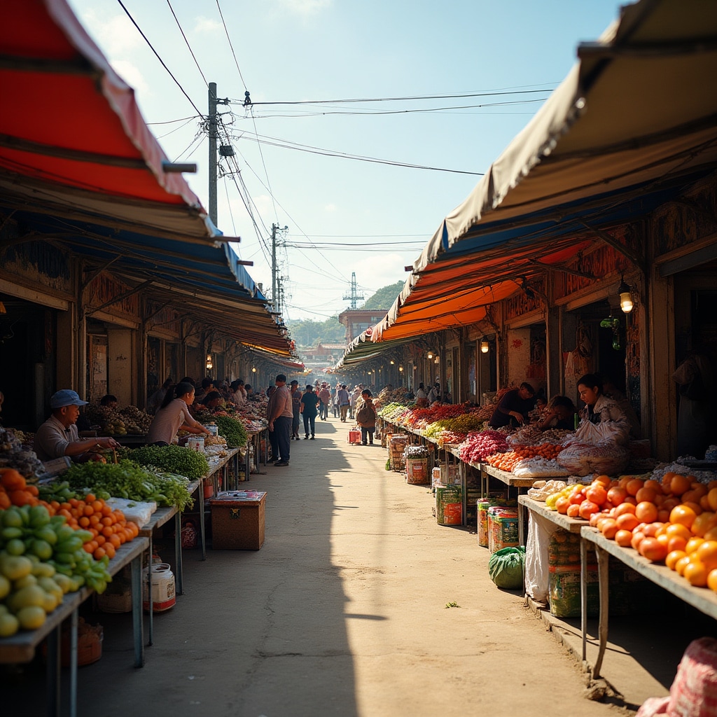 Busy market scene with vendors and customers in Paraguay