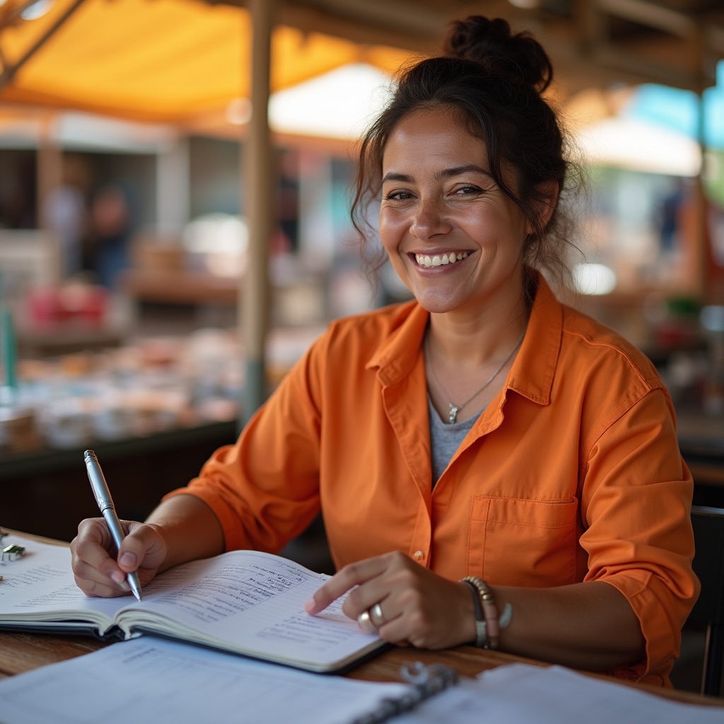 Small business owner reviewing monthly records with satisfied expression
