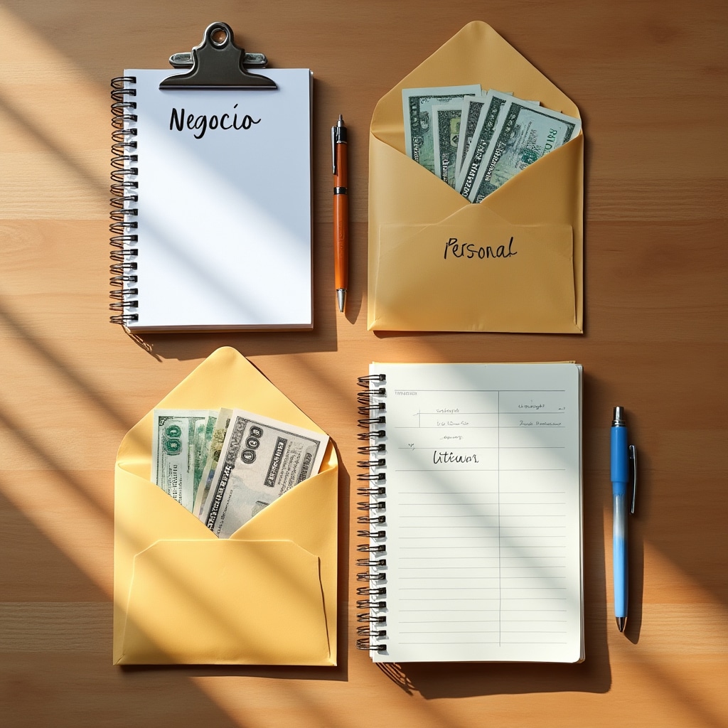 Two envelopes labeled business and personal with cash and notebook