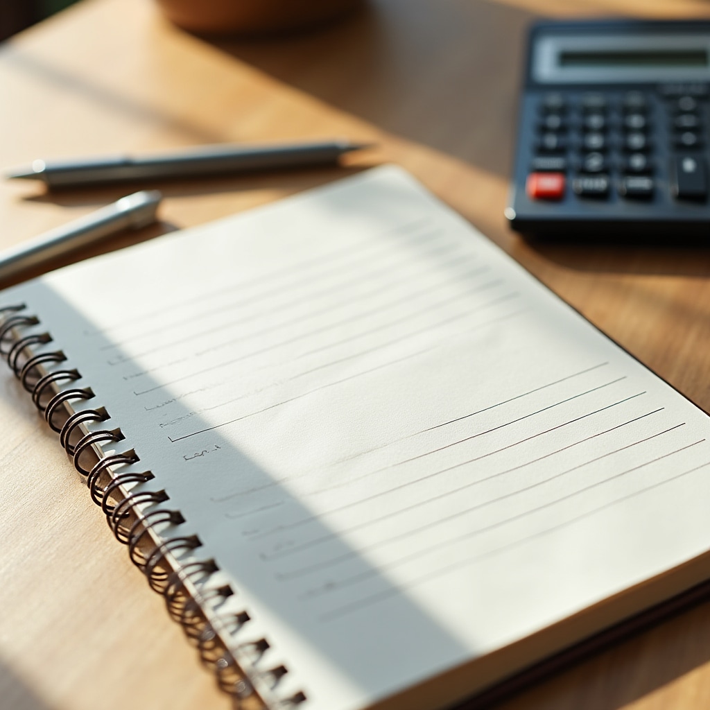 Notebook, pen, and basic calculator arranged on table - the only tools needed