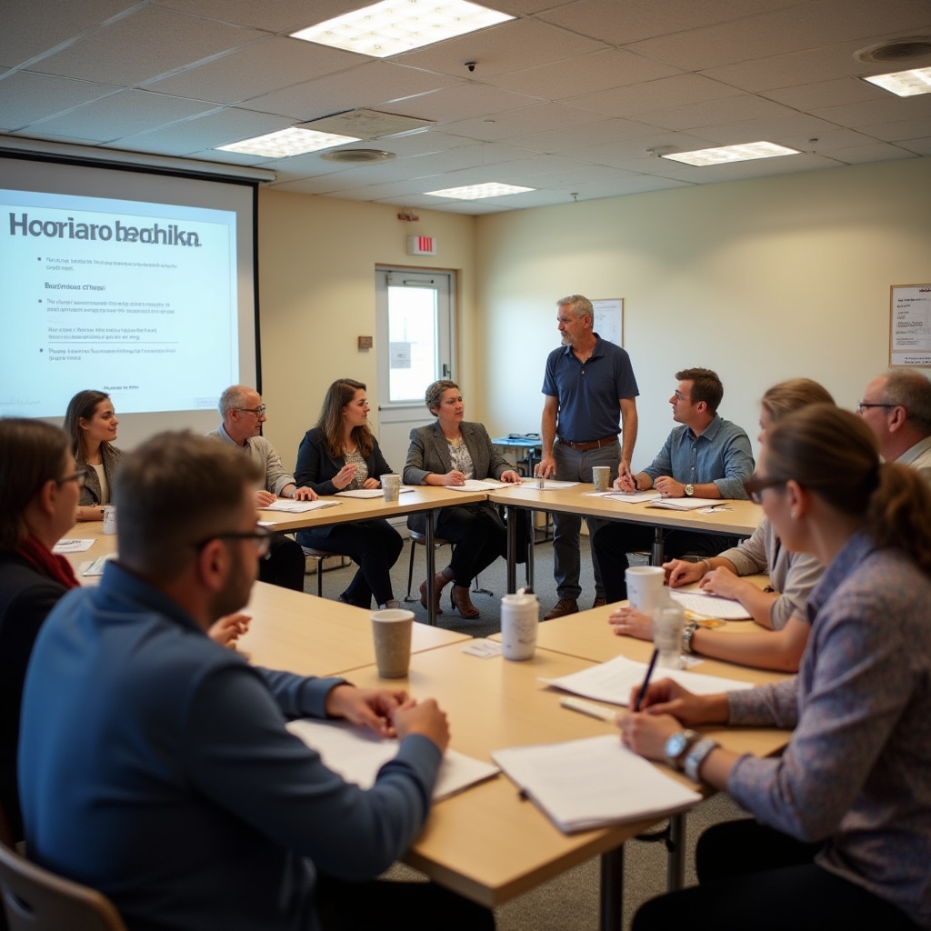 Small workshop group of business owners working together with instructor guidance