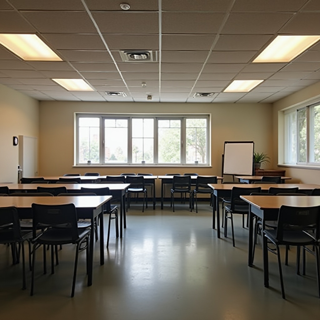 Simple community room with tables and chairs arranged for small group workshop